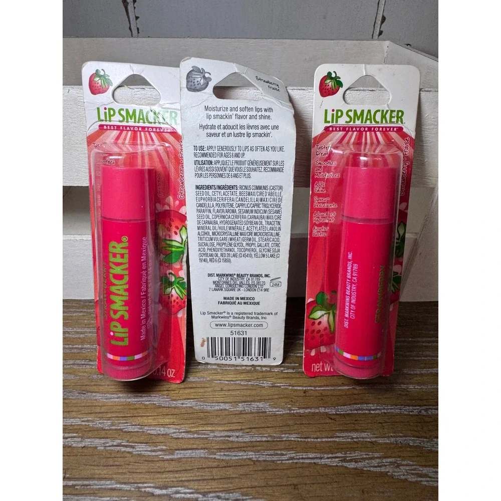 Lip Smacker Strawberry Lip Balm 3 Pack Lot New Carded 0.14 oz Each Moisturizing